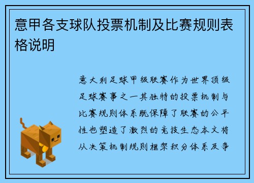 意甲各支球队投票机制及比赛规则表格说明