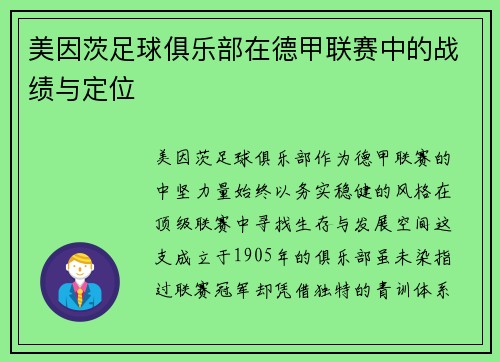 美因茨足球俱乐部在德甲联赛中的战绩与定位