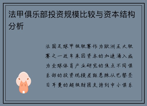 法甲俱乐部投资规模比较与资本结构分析